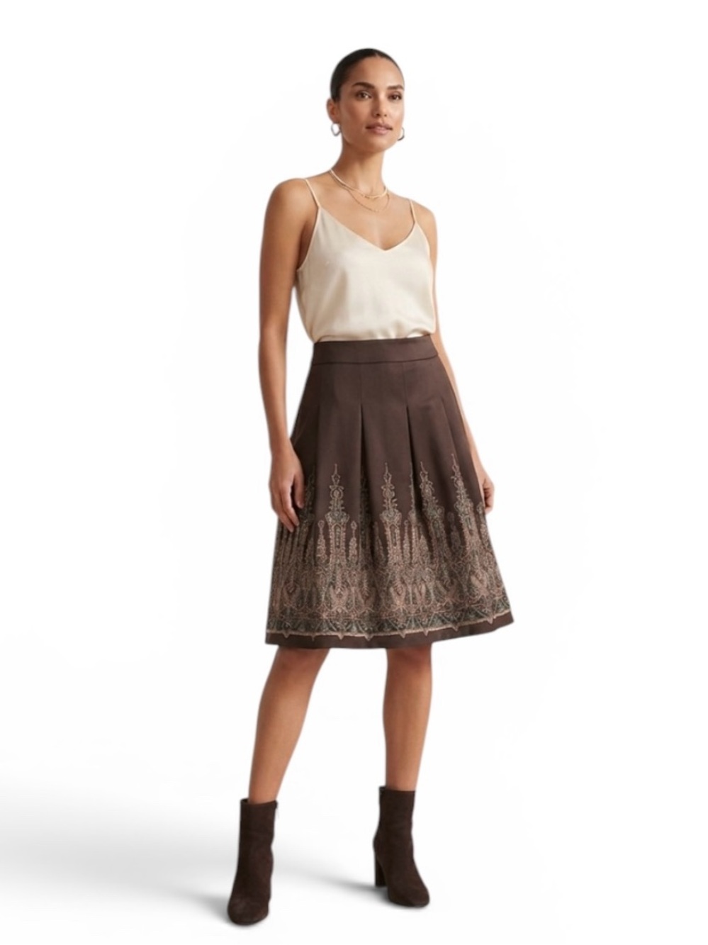 NWT Ann Taylor LOFT Skirt Brown Embroidered A Line Full Skirt Lined Women’s 14P